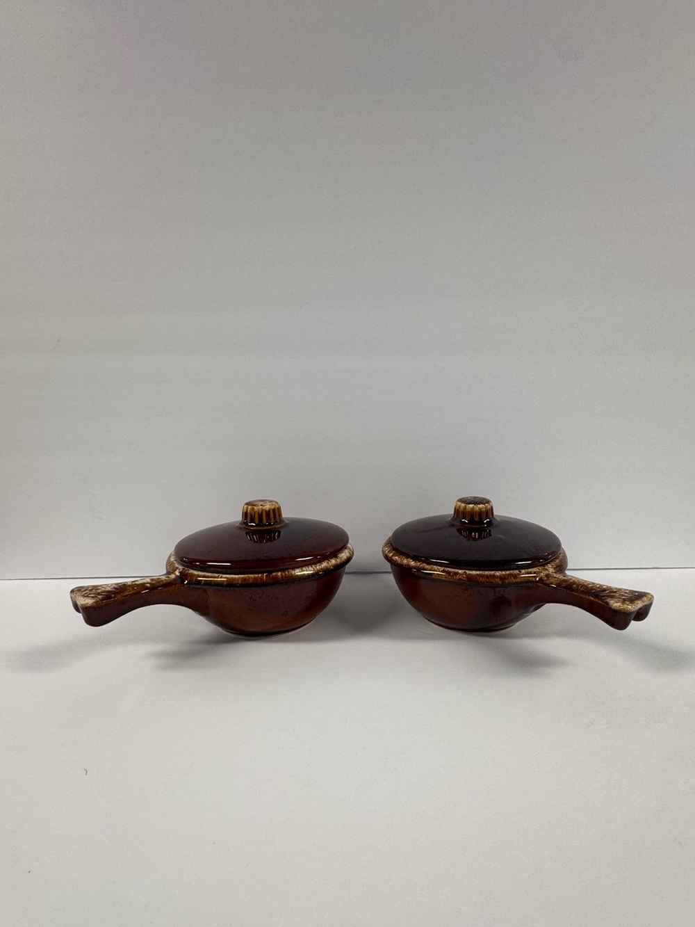 Vintage Hull Pottery USA Brown Drip Glaze Round Two Small Pots Mid Century